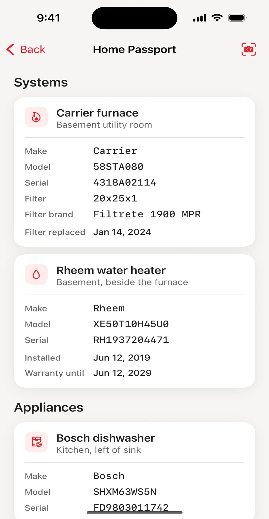 The Home Passport, showing a Carrier furnace with its model, serial number and filter size