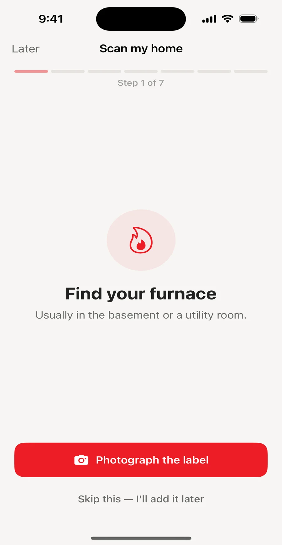 The Scan my home flow asking you to find your furnace and photograph its label